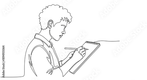 Man Writing in Notebook with Pencil.