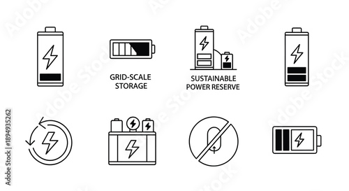 Set of battery and power storage related line icons, Generative AI.