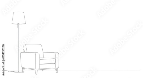 Minimalist line drawing of a floor lamp and armchair.