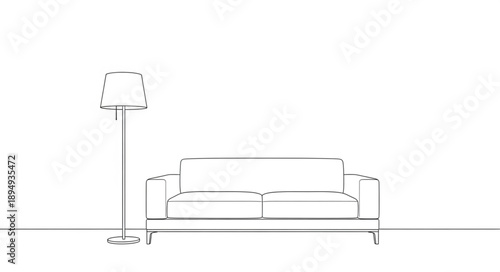 Minimalist line drawing of a sofa and floor lamp.