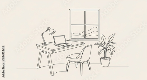 Minimalist home office desk setup with laptop and plant.