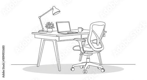 Minimalist home office desk with laptop and chair sketch.