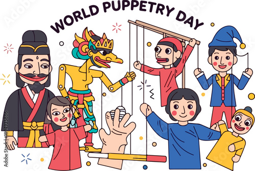 Delightful scene capturing joy of World Puppetry Day with lively characters
