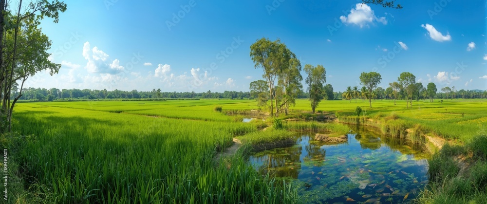 Naklejka premium Enjoy the view of rice fields, fish ponds, and trees under a bright blue sky
