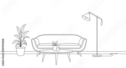 Minimalist line art drawing of a modern living room interior.