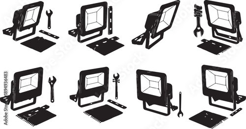 Computer Monitors and Tools in Various Positions Illustration Set