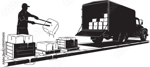 Worker Loading Boxes into Delivery Truck Silhouette Illustration