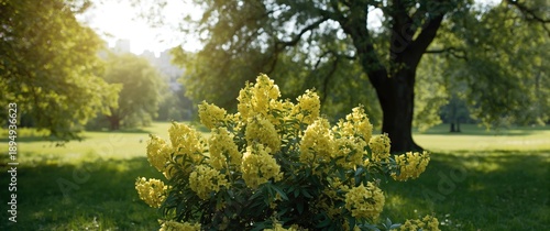 Blooming flowers on a vibrant bush with a blurry background