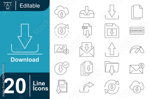 Collection of editable outline icons for download and upload operations, cloud storage, and file transfer, isolated on white background