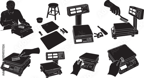 Various cash registers and payment systems in silhouette style