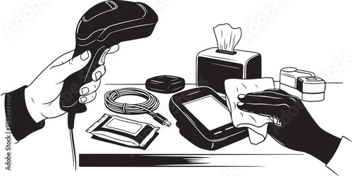 Hands holding items on a cluttered desk workspace scene