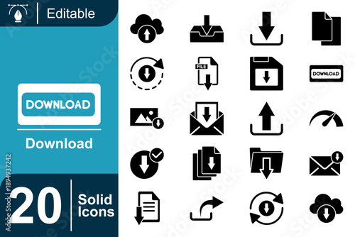 Collection of 20 solid download icons, including cloud, file transfer, mail, and progress indicators for user interfaces