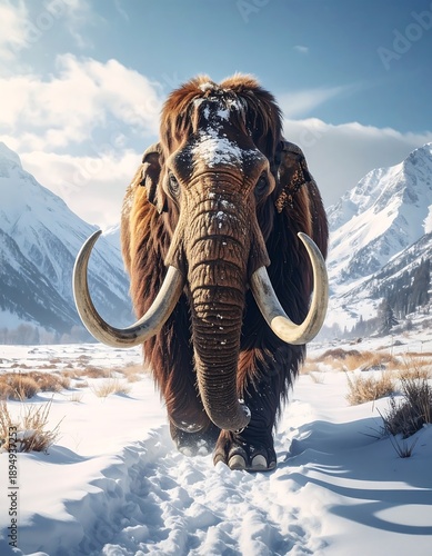 A large, shaggy brown mammoth walks through snowy terrain