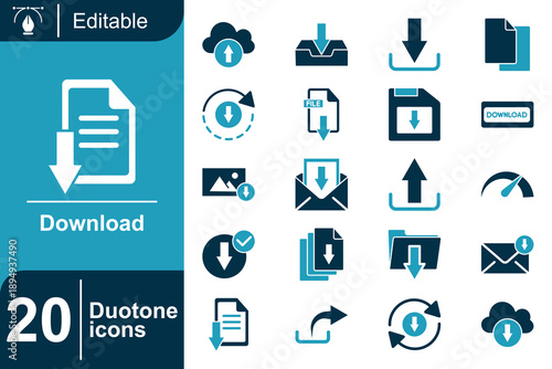 Collection of 20 duotone icons representing download, upload, and data transfer actions on a blue background