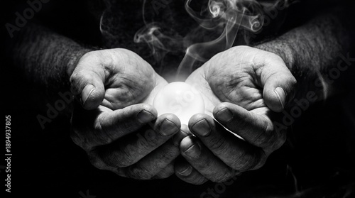 Closeup of hands cradling a glowing orb with smoke rising black and