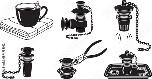 Black and white illustration of toilet plungers and accessories