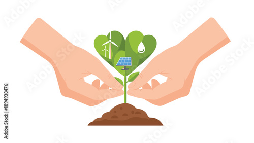 Hands nurturing a plant with heartshaped leaves symbolizing renewable energy and environmental care, Generative AI.