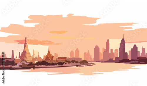 Bangkok riverfront sunset watercolor vector cityscape illustration