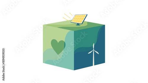 Green Cube with Environmental Symbols Representing Sustainable Energy and Nature Conservation, Generative AI.