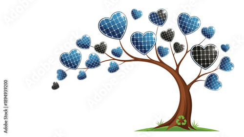 Tree with HeartShaped Solar Panel Leaves Symbolizing Green Energy 1, Generative AI.