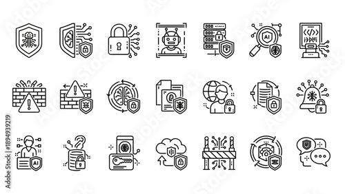 Collection of Simple Line Icons for Security.