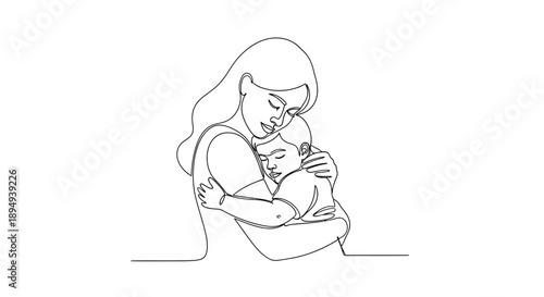 Mother Holding Baby Closeup Line Drawing.