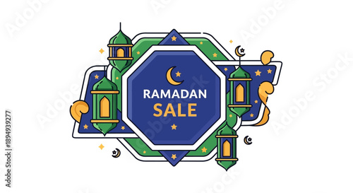 Ramadan sale promotion graphic with a blue and green background, featuring a crescent moon and stars, with a label design for business discounts and e-commerce advertising.