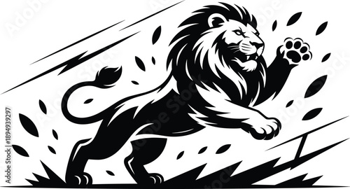 Powerful roaring lion silhouette leaping forward in dynamic vector style, fierce wild animal artwork for sports logos, strength branding, mascots, posters, and bold creative designs