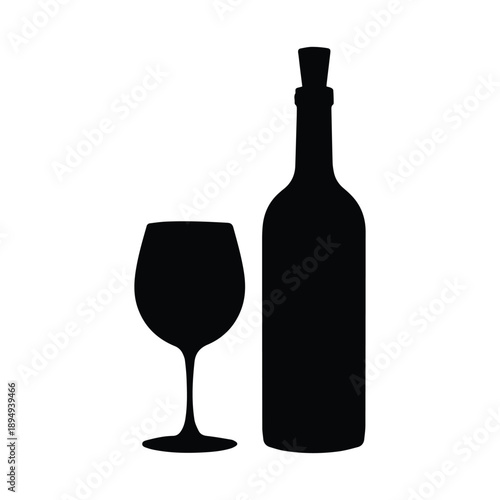 Wine Bottle and Glass Silhouette, Alcohol Beverage
