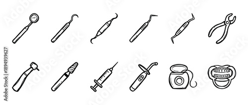 Set of hand-drawn dental instruments and oral hygiene tools in a black and white doodle style, including a mirror, probe, drill, syringe, floss, and toothbrush icons