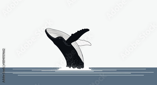 Whale Tail Silhouette Diving into Ocean.