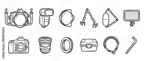 Underwater photography gear collection in a hand-drawn sketch style, featuring a camera housing, strobe, dome port, lens, and various professional accessories for diving