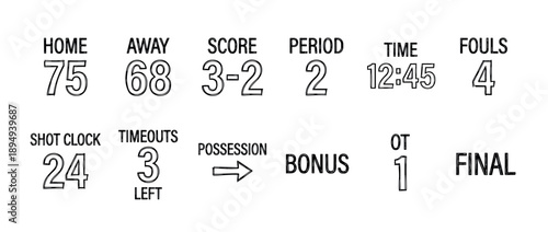 Collection of hand-drawn basketball scoreboard elements showing game statistics like score, time, period, and fouls in a simple black and white sketch illustration style