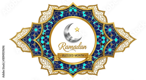 A digital illustration of a Ramadan sale and business promotion design featuring a crescent moon and star in a blue, gold, and white patterned frame on a white background.