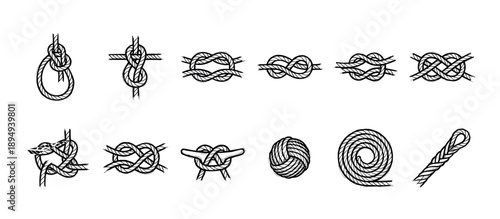 Collection of various marine rope knots and hitches, including figure-eight and bowline, presented as black and white graphic icons in a hand-drawn sketch style
