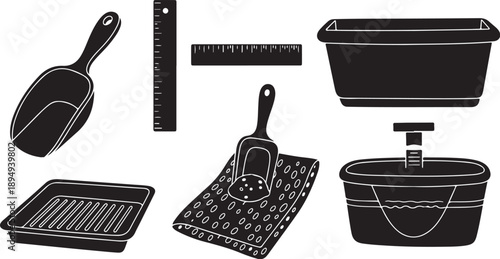 Black and white illustration of various cleaning tools and supplies