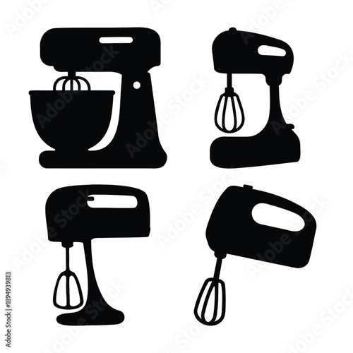 Collection of various kitchen mixers in black silhouette style for baking and cooking