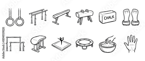 Set of hand-drawn gymnastics equipment icons in a black and white sketch style, featuring apparatus like rings, parallel bars, balance beam, pommel horse, and vault