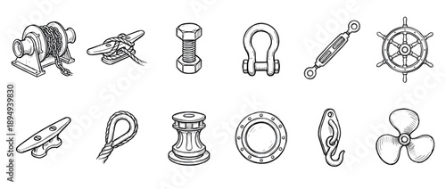 Collection of hand-drawn nautical hardware illustrations including a winch, cleat, shackle, helm, porthole, and propeller in a detailed black and white sketch style