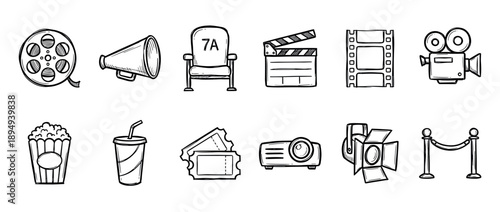 Set of hand-drawn cinema icons featuring a film reel, clapperboard, camera, popcorn, and tickets in a black and white doodle style for movie and entertainment concepts