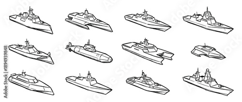 Collection of hand-drawn military warships and a submarine in a sketchy line art style, featuring various naval vessels like frigates, destroyers, and corvettes in an isometric view