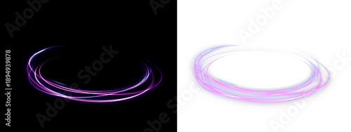 Futuristic purple neon rings rotate fluidly on a transparent canvas. Bright spiral trails form dynamic energy visuals. Ideal for sci-fi compositions, HUD interfaces, and digital banners.