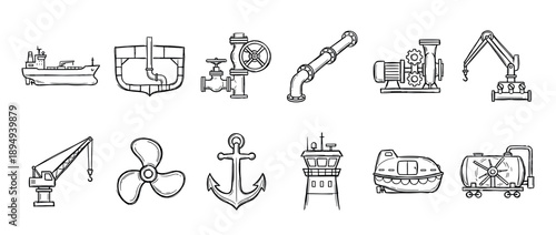 Set of hand-drawn maritime and shipping icons featuring a cargo ship, port crane, anchor, propeller, and industrial equipment in a black and white sketch doodle illustration style
