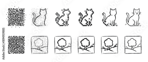 Visual sequence of a generative AI model creating a cat and a tree from initial pixel noise through progressive stages of refinement to a final simple sketch illustration