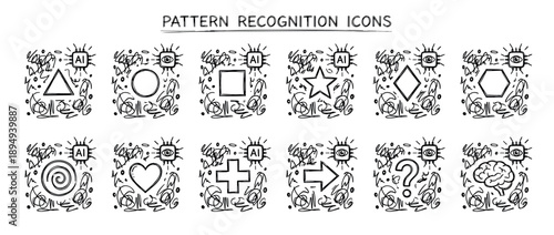 Pattern recognition icon set in a hand-drawn sketch style illustrating artificial intelligence and machine learning concepts with geometric shapes, a brain, and an eye symbol