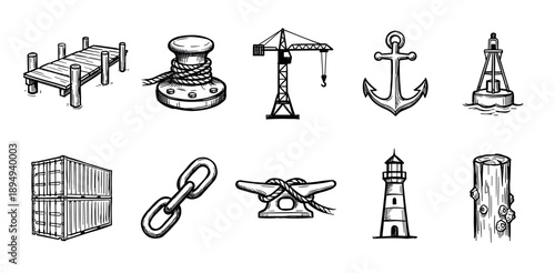 Set of hand-drawn nautical and harbor icons featuring a pier, crane, anchor, lighthouse, and shipping container in a black and white doodle style for maritime and port themes