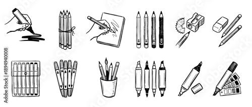 Hand-drawn collection of art supply icons featuring pencils, markers, a sketchbook, an eraser, and a sharpener in a black and white ink doodle style for creative concepts