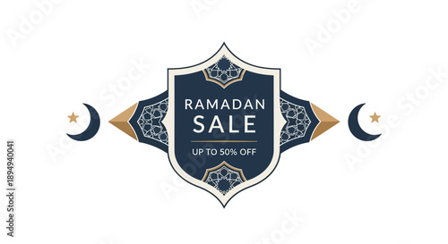Illustration of a Ramadan Sale promotion with a shield design, featuring a moon, star, and 'Up to 50% Off' text on a dark blue and gold background.