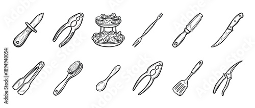 Set of hand-drawn seafood tools and utensils including a knife, cracker, fork, and scaler for preparing and eating fish, oysters, and shellfish in a vintage sketch style