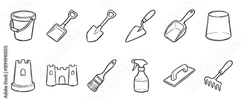 Collection of hand-drawn doodle icons showing various tools for sand play and construction, including a bucket, shovel, trowel, rake, sandcastle, paintbrush, and spray bottle